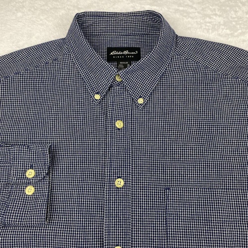 Eddie Bauer Mens XL Blue White‎ Check Shirt Heavyweight Button Up Long Sleeve